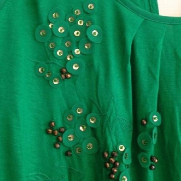 Green Leifnotes Beaded Sequin Peasant Tunic Blouse - Picture 4 of 6